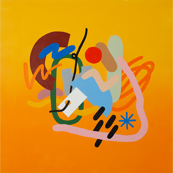 An abstract painting of colorful shapes against a yellow and orange gradient background.