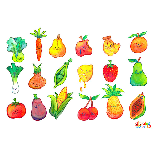 Illustration of different fruits and veggies with faces.