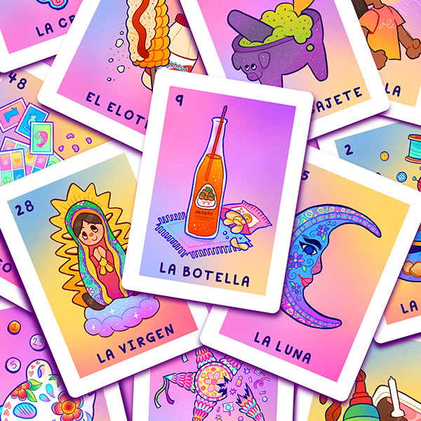 Close up shot of loteria cards. Mainly pink backgrounds.