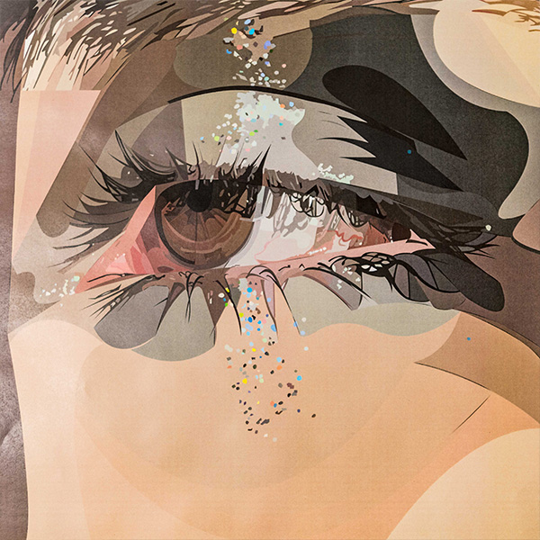 A close-up painting of someone's eye with sparkles in a vertical line intersecting the eye.