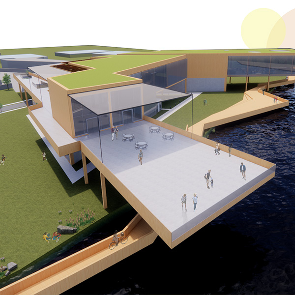 A digital rendering of a building with a platform that extends over a body of water.