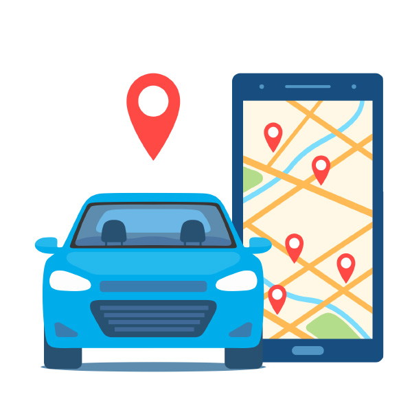 A digital illustration of a blue car next to a phone showing a map with red locations marked.