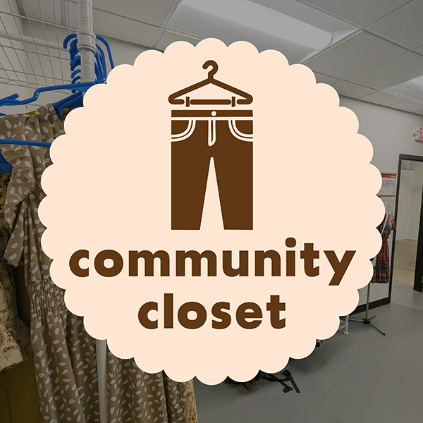 An illustration of a pair of pants on a hanger with text "Community Closet"