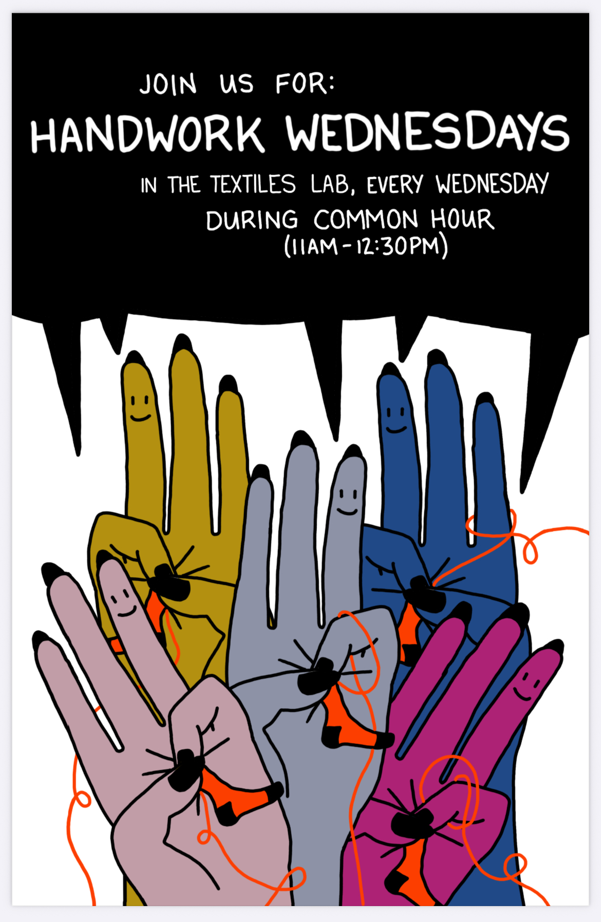 Handwork Wednesdays event poster with information about weekly textile-making sessions and an illustration of multicolored hands sewing with bright orange thread.