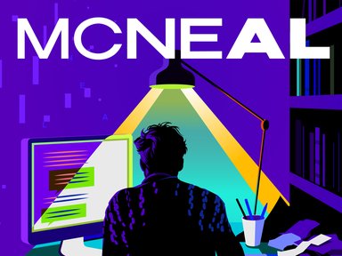 A poster for "McNeal" with a purple background and person sitting under a lamp at a computer.