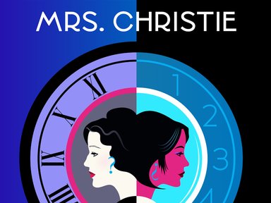 A poster for "Mrs. Christie" with two women's faces on a clock.
