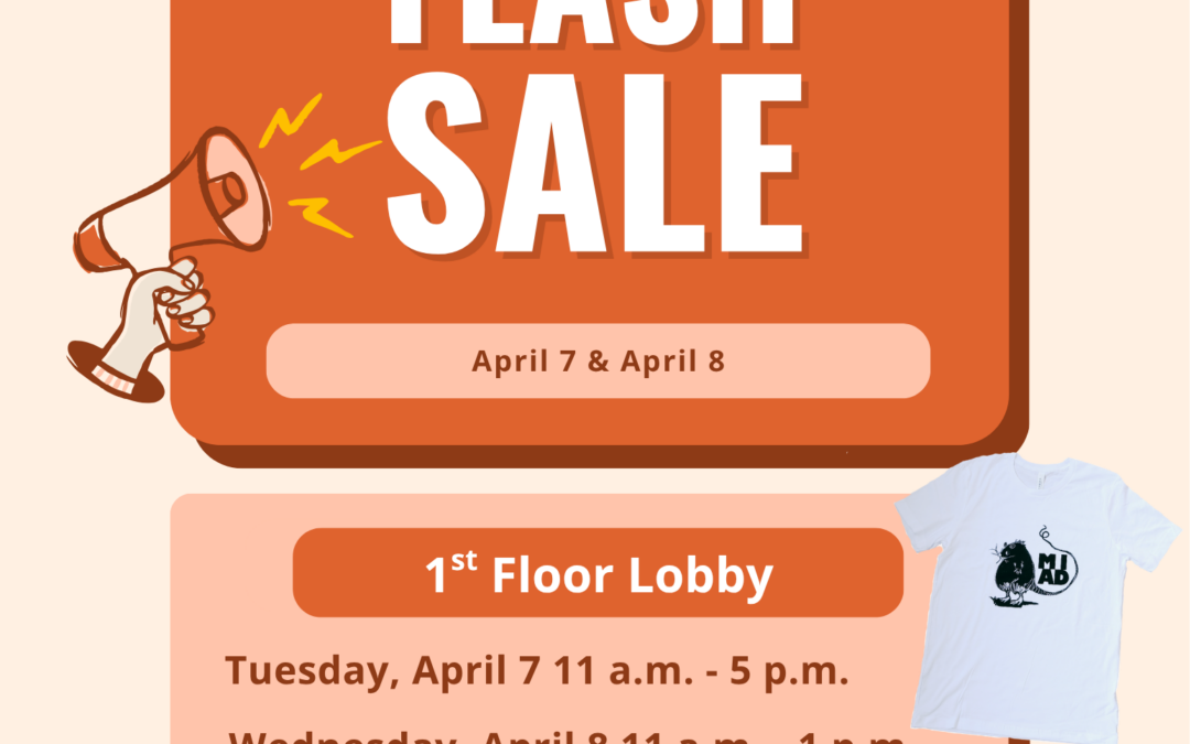 Poster with t-shirt and pin with MIAD logo and rat design and flash sale text