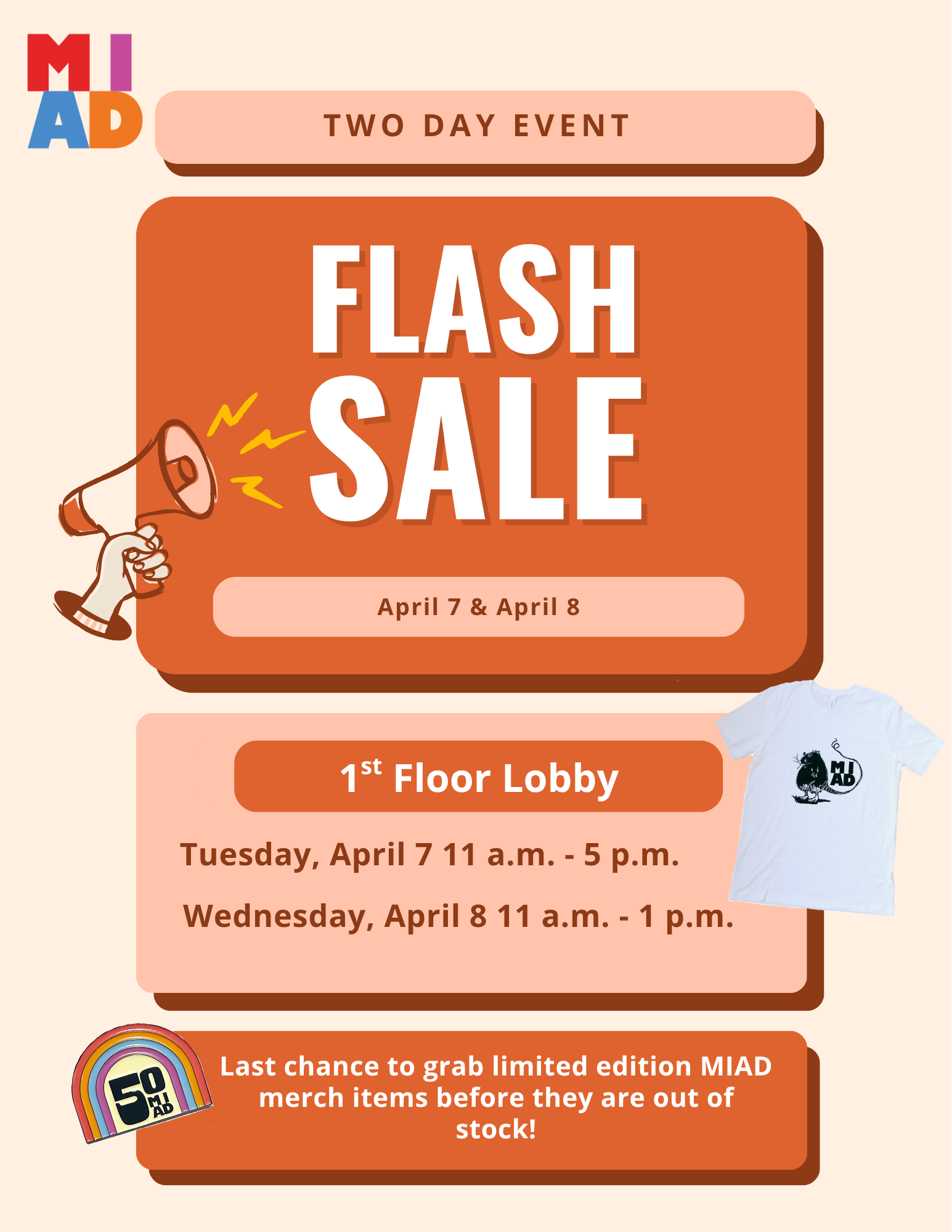 Poster with t-shirt and pin with MIAD logo and rat design and flash sale text