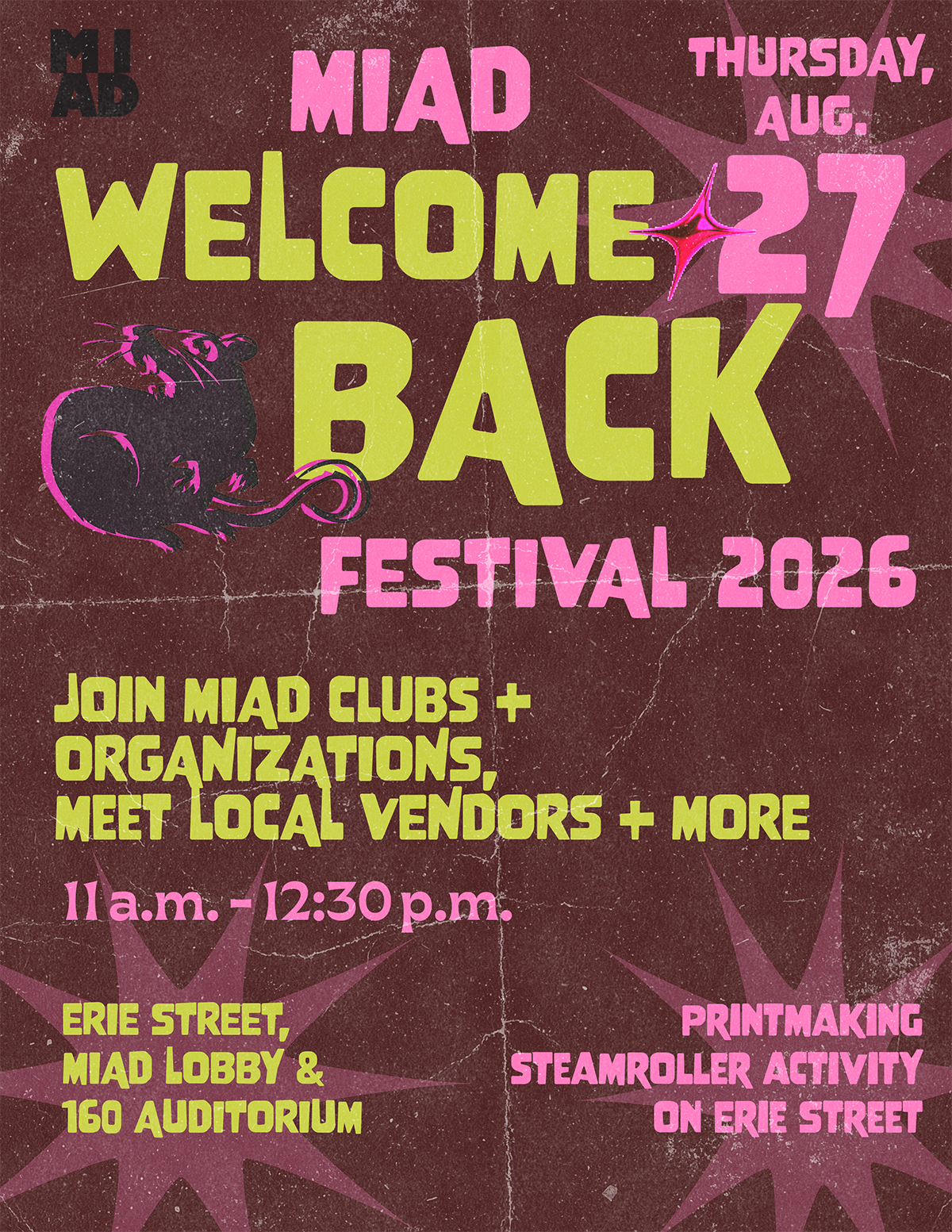 Colorful retro-style poster advertising MIAD Welcome Back Festival 2026 on August 27, featuring event activities, times, and locations in bold pink and green text.
